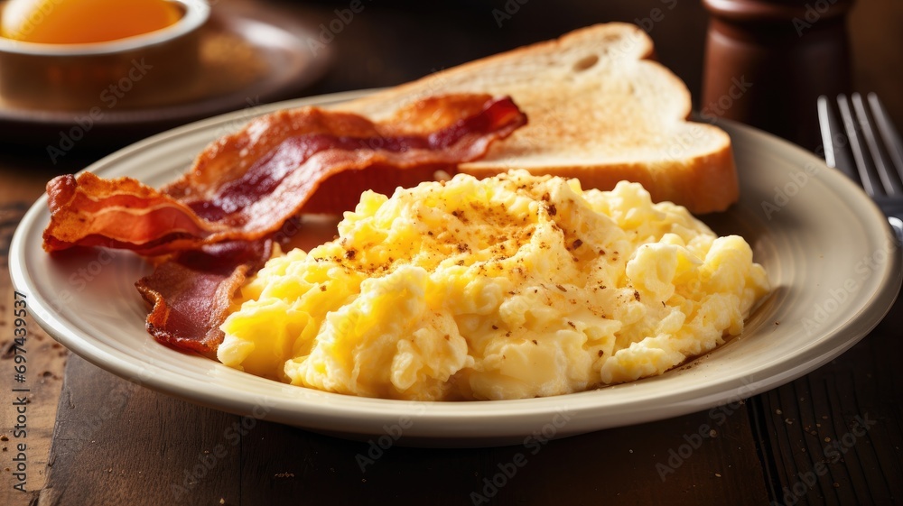 Scrambled eggs with crispy bacon and toast for breakfast Scrambled eggs with crispy bacon and toast for breakfast