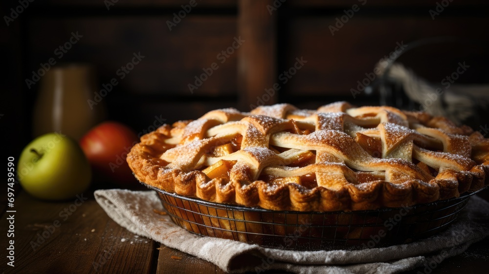 Apple pie with a lattice crust, dusted with sugar, on a rustic table Apple pie with a lattice crust, dusted with sugar, on a rustic table