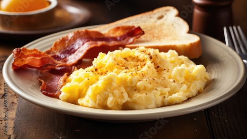 Scrambled eggs with crispy bacon and toast for breakfast