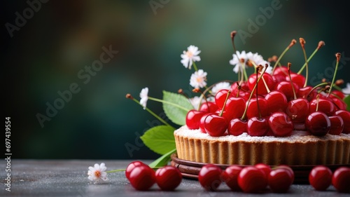Cherry tart adorned with fresh cherries and flowers on a wooden table photo