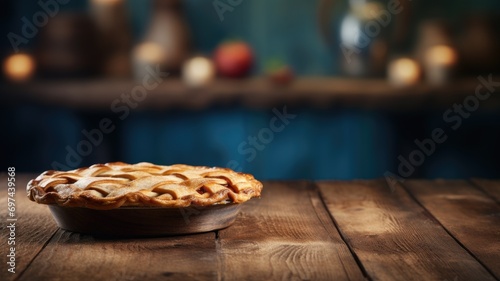 Homemade apple pie with a classic lattice crust on a rustic wooden table