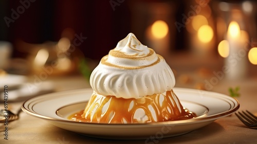 Silky panna cotta with caramel sauce and a toasted meringue topping photo