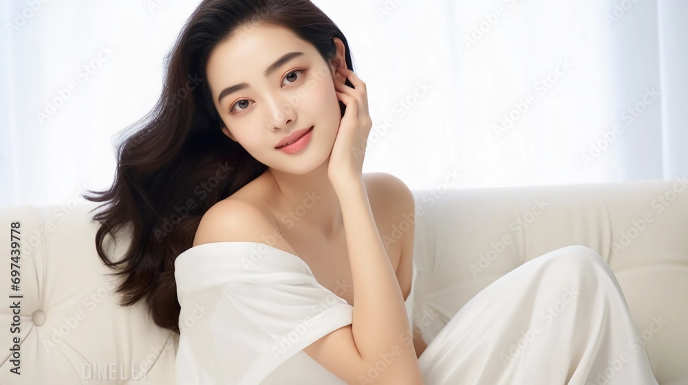 Beauty model portrait of young Asian woman with white and clean skin, beautiful smiling expression, graceful posing on sofa Beauty model portrait of young Asian woman with white and clean skin, beautiful smiling expression, graceful posing on sofa