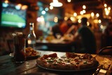Savoring the Game. Pizza Lovers Enjoying a Bite in a Restaurant with Soccer on TV.