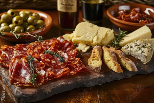Portuguese Charcuterie Delight: Savor an Authentic Experience with a Presunto Board, Showcasing Cured Ham, Chouriço, Linguiça, Portuguese Cheeses, Olives, and Crusty Bread - A Gastronomic Journey.
