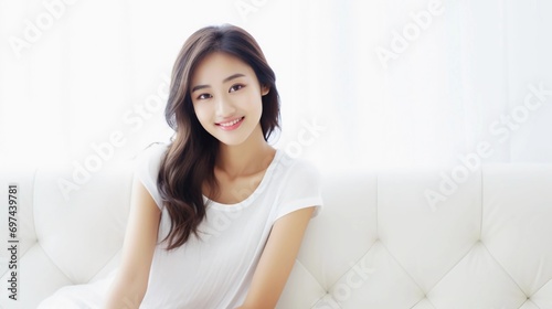 Beauty model portrait of young Asian woman with white and clean skin, beautiful smiling expression, graceful posing on sofa
