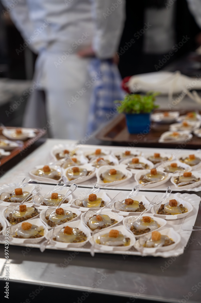 Degustation appetisers for visitors made by great chefs of high cuisine French restaurants, winter festival, Avenue de Champagne, Epernay, France Degustation appetisers for visitors made by great chefs of high cuisine French restaurants, winter festival, Avenue de Champagne, Epernay, France