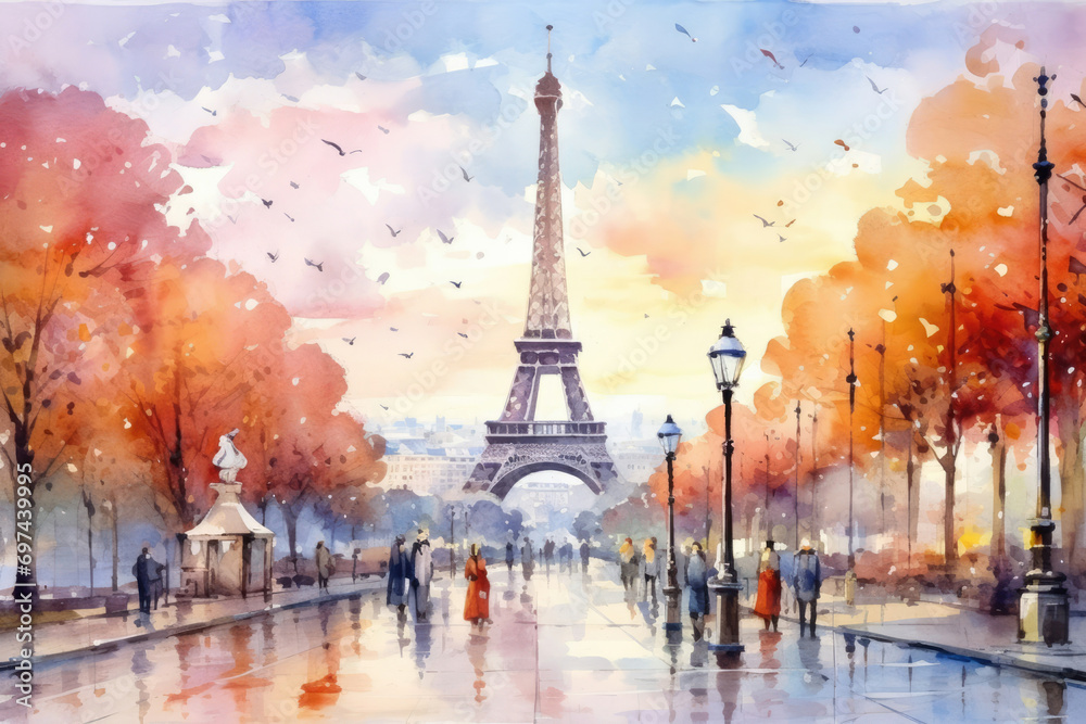 Travel watercolor famous art architecture landmark paris building french city european france