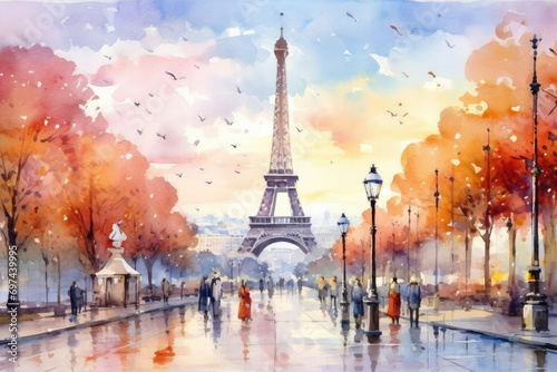 Travel watercolor famous art architecture landmark paris building french city european france photo