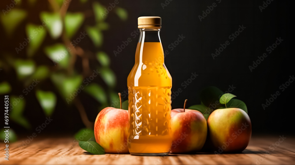 Apple juice in a glass bottle, set against a dark background. Apple juice in a glass bottle, set against a dark background.