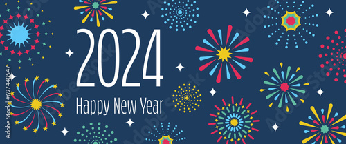 2024 Happy New Year - Schriftzug in englischer Sprache - Frohes neues Jahr. Neujahrskarte mit buntem Feuerwerk auf nachtblauem Himmel. photo