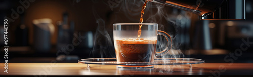 A cup of coffee being poured into a glass. Generative AI. photo
