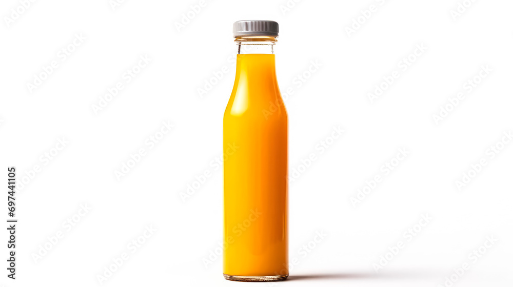 Orange juice in a glass bottle on a crisp white background. Orange juice in a glass bottle on a crisp white background.
