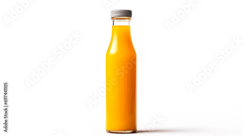Orange juice in a glass bottle on a crisp white background.