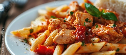 Chicken and pasta in red sauce.