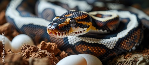 Incubation of a piebald female royal python snake on eggs. photo