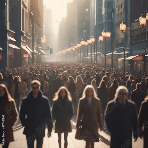Crowd of people walking busy city street backlit