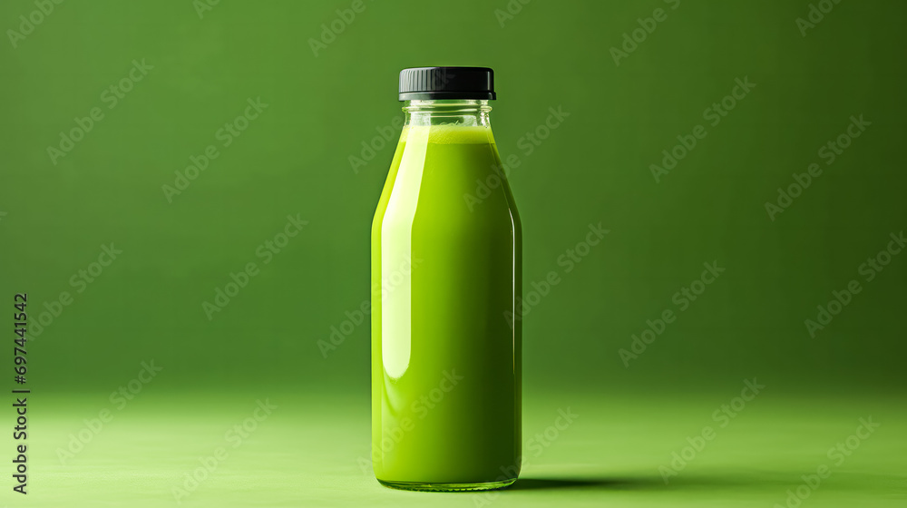 Tonic green smoothie from vegetables in a bottle on a lush green backdrop. Tonic green smoothie from vegetables in a bottle on a lush green backdrop.
