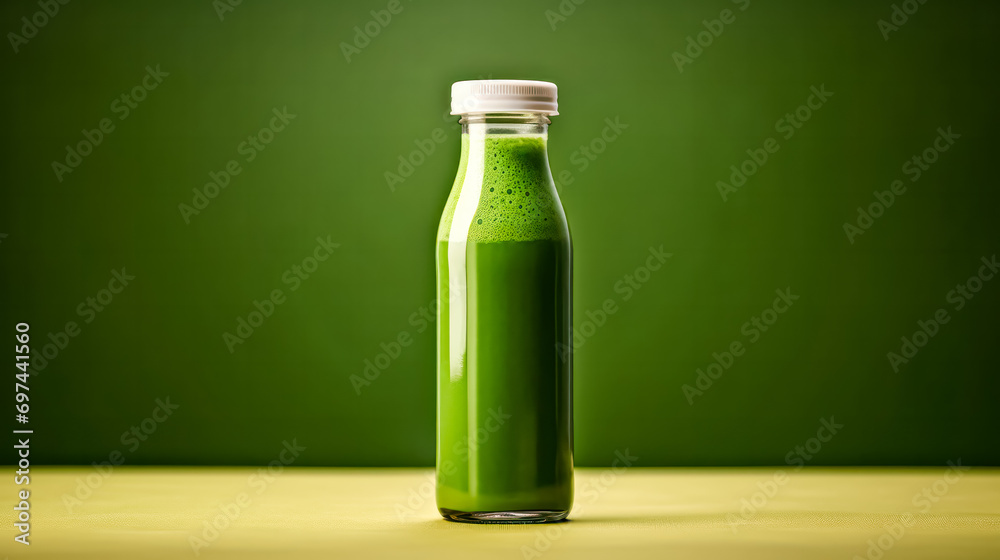 Tonic green smoothie from vegetables in a bottle on a lush green backdrop. Tonic green smoothie from vegetables in a bottle on a lush green backdrop.