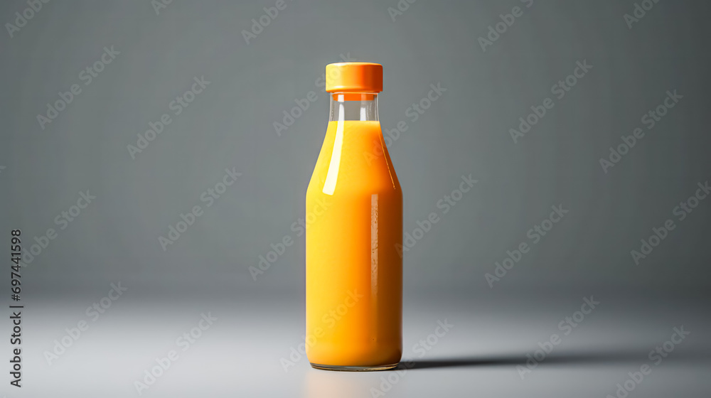 Orange juice in a glass bottle, vibrant background. Orange juice in a glass bottle, vibrant background.