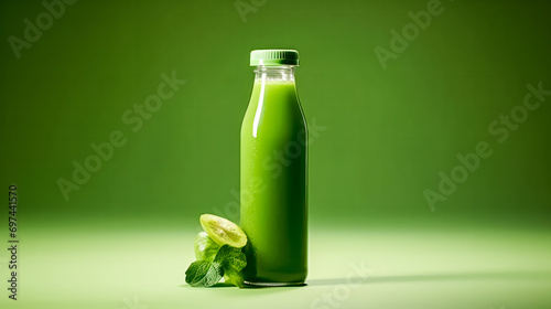 Tonic green smoothie from vegetables in a bottle on a lush green backdrop.