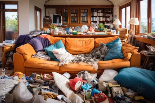Messy living room interior. Dirty sofa and chaos on floor photo
