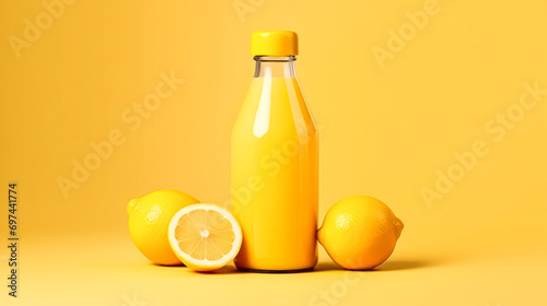 Tonic lemon cocktail in a bottle on a radiant yellow backdrop.