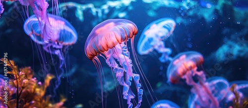 Glowing jellyfish move gracefully in the aquarium, creating a mesmerizing display.