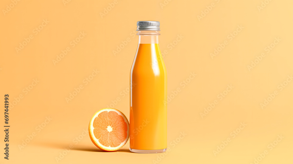 Orange juice in a glass bottle on an orange backdrop. Orange juice in a glass bottle on an orange backdrop.