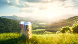 A large can of a drink against a background of nature and mountains