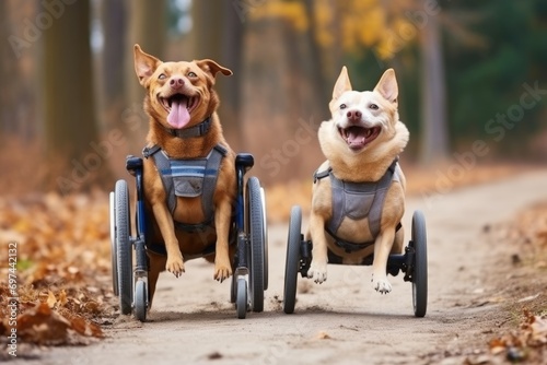 Two happy disabled dogs in wheelchair running in city park photo