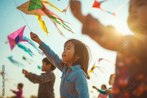 A multicultural group of children have fun outdoors flying kites on a sunny and windy day at a summer camp. photo