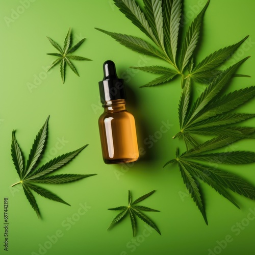Dropper bottle with CBD oil and cream bottles green cannabis leaves close up