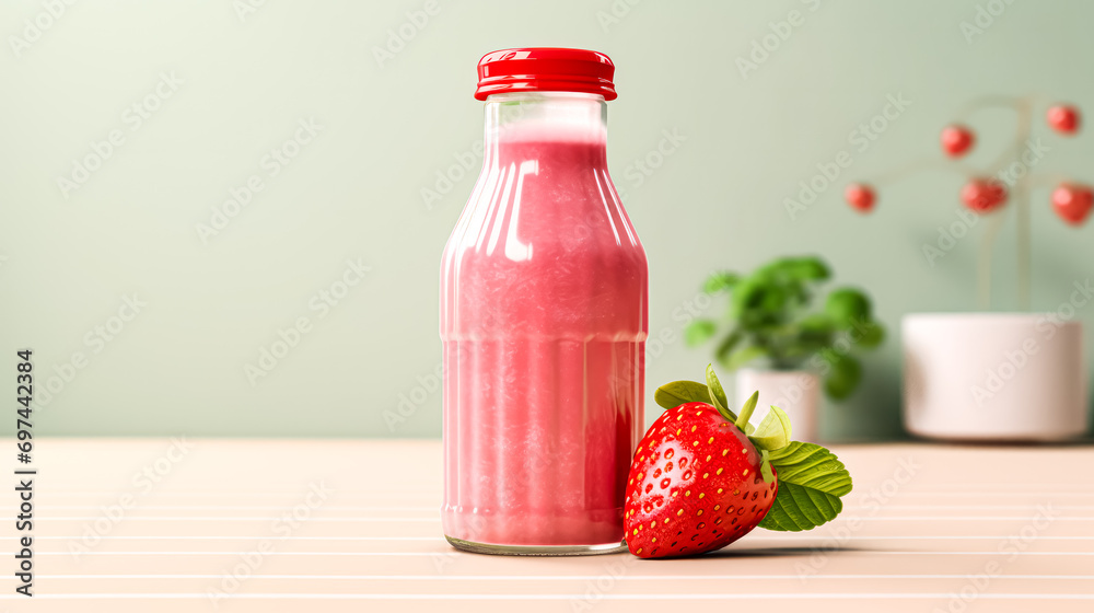 Strawberry juice in a bottle on a pink background Strawberry juice in a bottle on a pink background