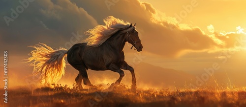 Golden horse with white mane runs at sunset.