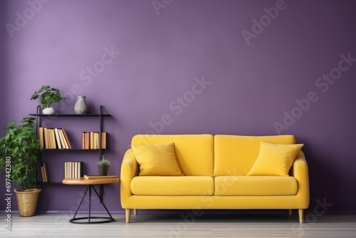 Yellow sofa on purple wall in living room at home