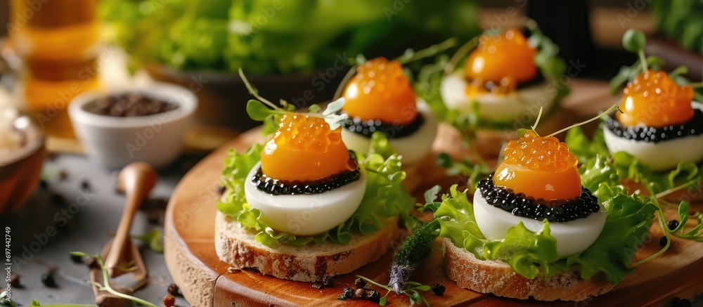 Tasty starter - caviar-topped eggs on lettuce, wooden table, focused.