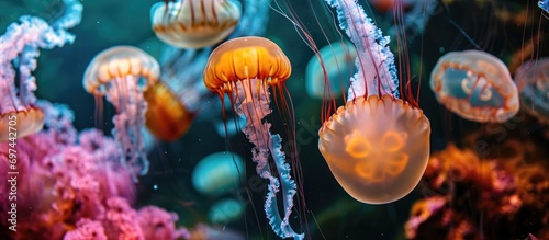 Jellyfish photo underwater in various colors. © AkuAku