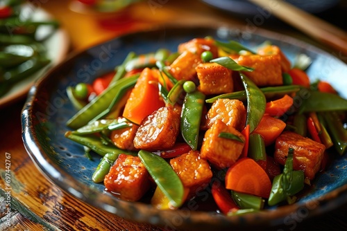 Stir-Fried Tempeh with Vegetables - Tempeh Cubes Stir-Fried with Colorful Bell Peppers, Snap Peas, and Carrots, Seasoned with Tamari or Soy Sauce for a Hearty, Plant-Based Option photo