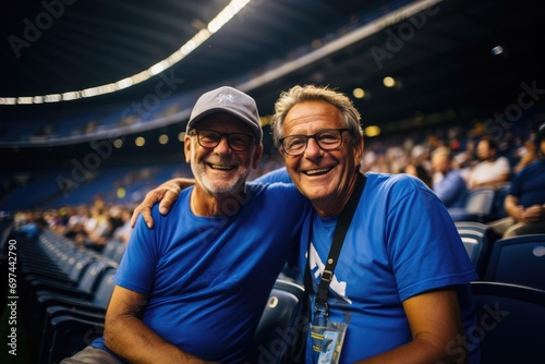 Mature male soccer fans together at the stadium