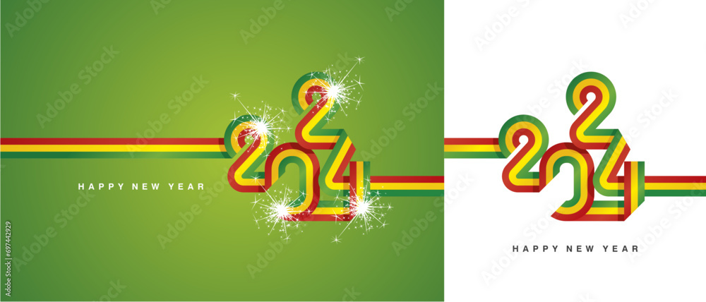 New Year 2024 continuous ribbon in the shape of 2024. Abstract red yellow green flag of Bolivia shape 2024 logo gift wrapping tape isolated on white and green background - obrazy, fototapety, plakaty 