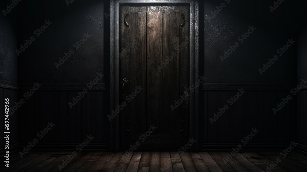 Illustration of creepy dark scary door. AI Generative - obrazy, fototapety, plakaty 