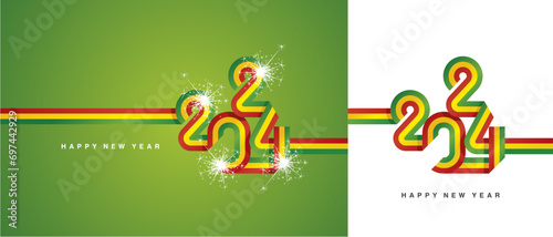 New Year 2024 continuous ribbon in the shape of 2024. Abstract red yellow green flag of Bolivia shape 2024 logo gift wrapping tape isolated on white and green background