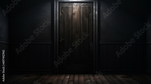 Illustration of creepy dark scary door. AI Generative