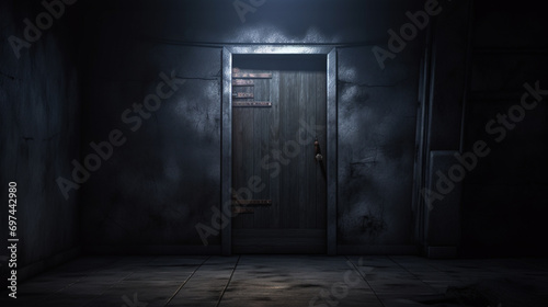 Illustration of creepy dark scary door. AI Generative
