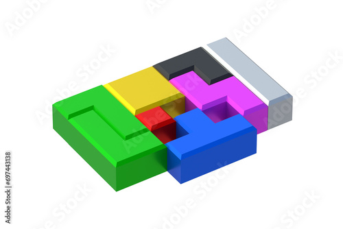 Geometric blocks for game isolated on white background. Toy bricks for conundrum. Logical thinking. Construction cubes. Retro puzzle. 3d render