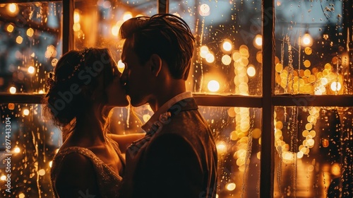 A Man and a Woman Kissing in Front of a Window