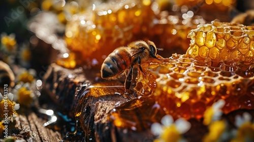 Close-up of a Bee on a Honeycomb