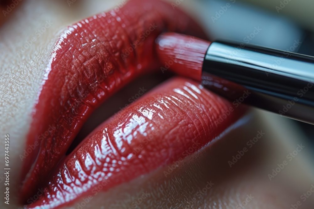 Obraz premium A Woman Is Putting Lipstick on Her Lips