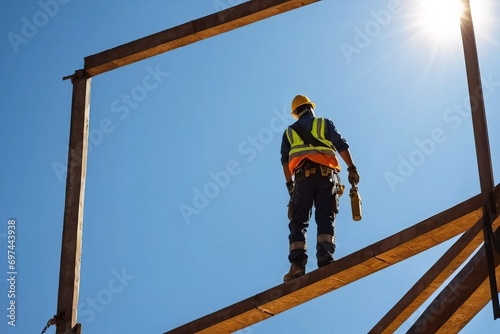 A worker perched on the wooden beams of a metal structure. © Joaquin Corbalan